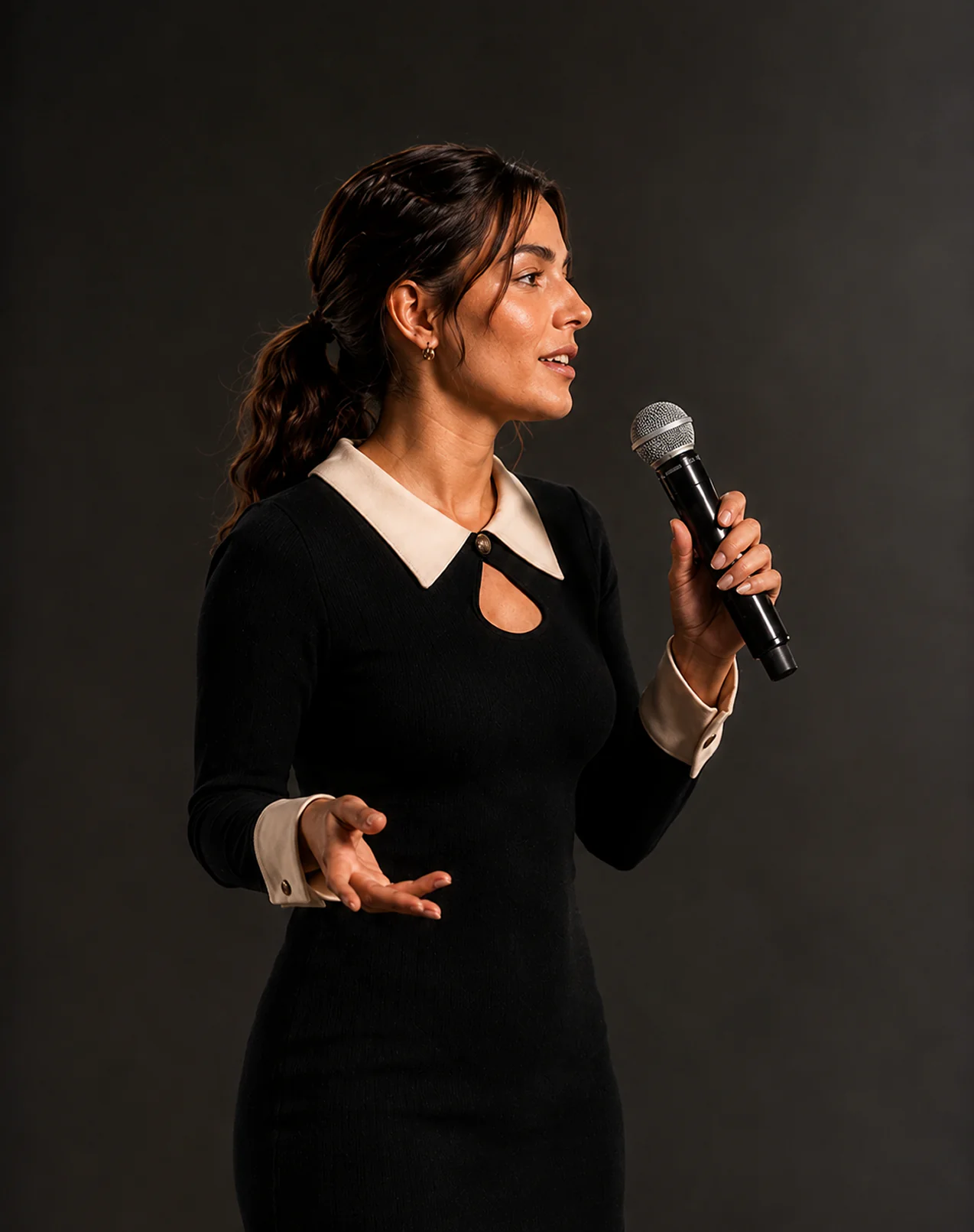A woman speaking into a handheld microphone against a dark backdrop